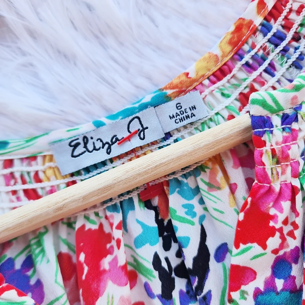 Eliza J Colorful Floral Print Smocked Balloon Sleeve‎ Mini Dress